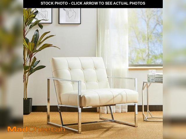 Lot 74-12032147 - Glitzhome 31.50 in. H White PU Leather Button-tufted Accent Arm Chair with Chrome Plated Frame - UNU...