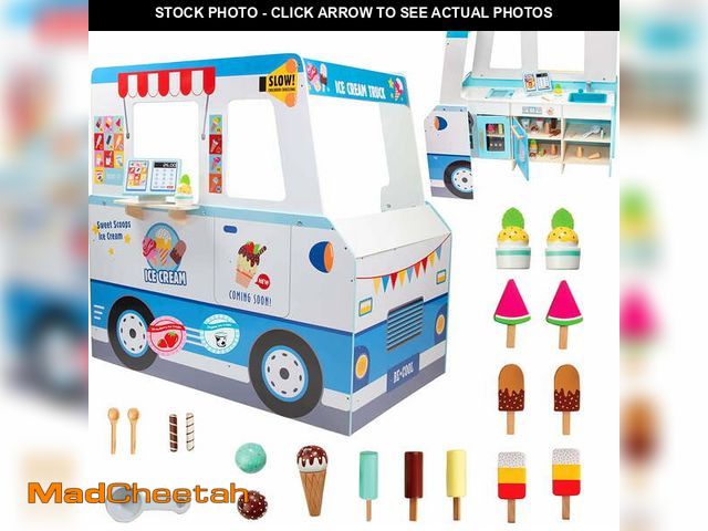 Lot 74-12832784 - Ice Cream Truck Wooden Playset, 20 Pieces, Includes Popsicles, Cones, Scooper &amp; More, Play Stand...