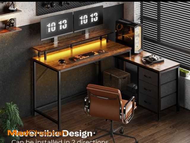 Lot 74-12538622 - Huuger Reversible L Shaped Computer Desk with Drawers, Gaming Desk with LED Lights and Power Outlets...