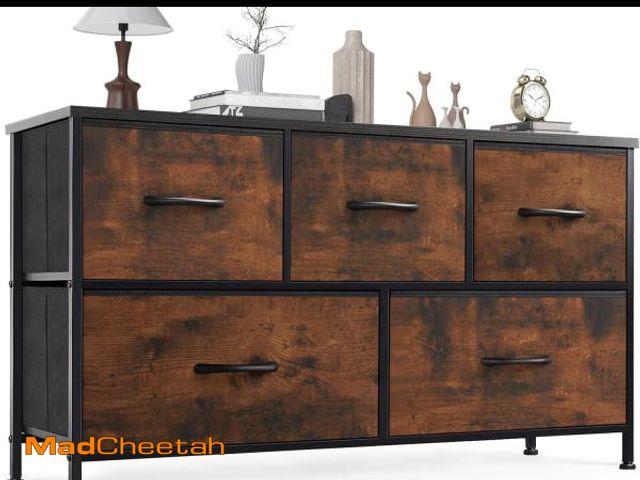 Lot 74-12399230 - OLIXIS Dresser for Bedroom, 5 Storage Fabric Drawers, Metal Frame and Wooden Top, Tall Storage Drawe...
