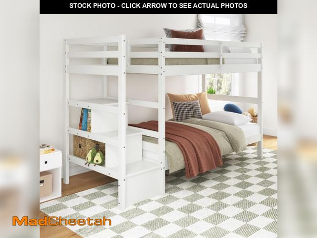 Lot 74-12488933 - Max &amp; Finn Zaire Twin Bunk Bed for Kids with Stairs, Twin Bunk Bed with Storage Shelves, Solid W...