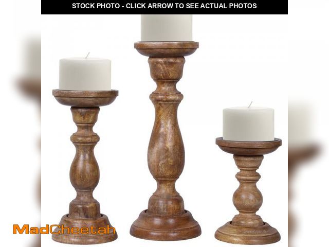 Lot 74-12117976 - Mela Artisans Medium Polish Hand Carved Wooden Pillar Candle Holders - Set of 3 | Tuli Decorative St...