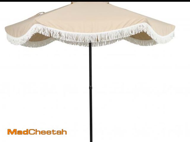 Lot 74-12426265 - Better Homes &amp; Gardens 7.5' Beige Scallop with Cream Fringe Patio Umbrella - UNUSED
