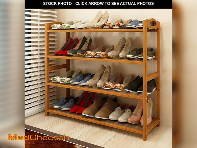 Lot 74-14286955 - Zimtown Natural Bamboo 4 Tiers Shoe Rack Shoe Storage Organizer 12-Batten Free Standing Shoe Tower S...