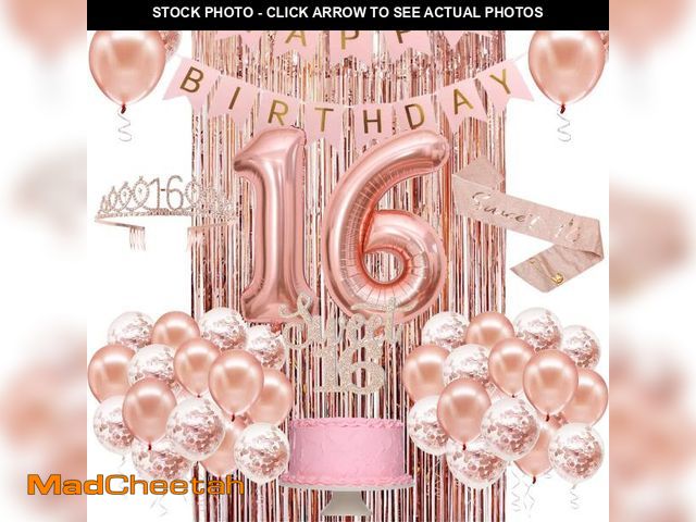 Lot 74-12442905 - Sweet 16 Party Decorations for Girls, Happy 16th Birthday Banner Cake Topper Balloons Sash and Tiara...