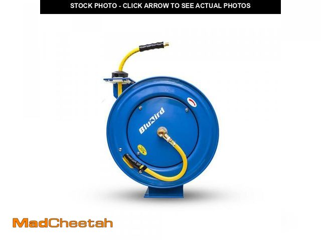 Lot 74-12365392 - OILSHIELD 1/2 in. x 75 ft. Heavy Duty Rubber Air Hose and Single Arm Powder-Coated Steel Hose Reel -...