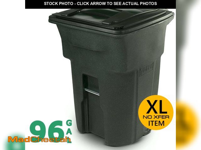 Lot 74-12940015 - Toter 96 Gallon Greenstone Outdoor Trash Can/Garbage Can with Quiet Wheels and Attached Lid - USED