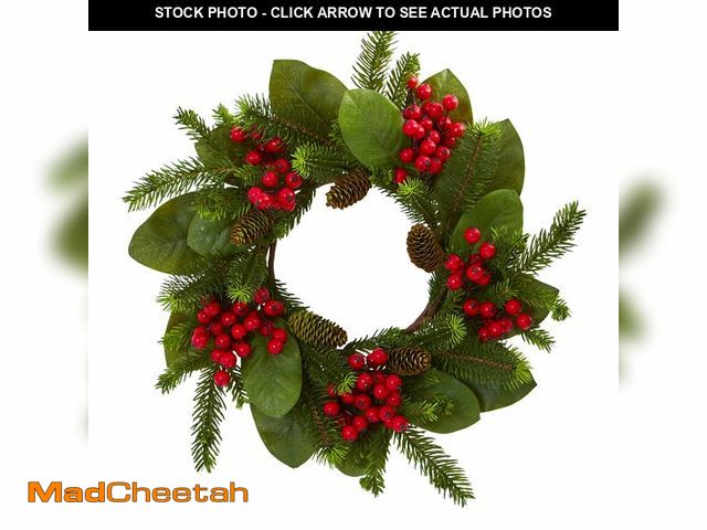 Lot 74-12681903 - Nearly Natural 19in. Magnolia Leaf, Berry and Pine Artificial Wreath - UNUSED