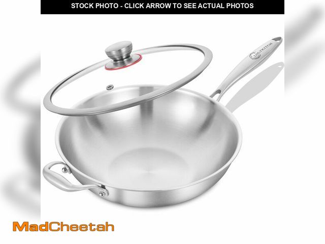 Lot 74-14299287 - LOLYKITCH 13 Inch Stainless Steel Wok with Glass Lid, Tri-Ply Stir Fry Pan with Detachable Handle, U...