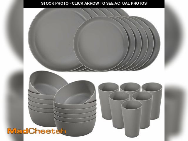 Lot 74-14266655 - EI 24pcs Wheat Straw Dinnerware Set,Dark Grey Plates and Bowls Sets,Unbreakable Dinner Plates,Reuasb...