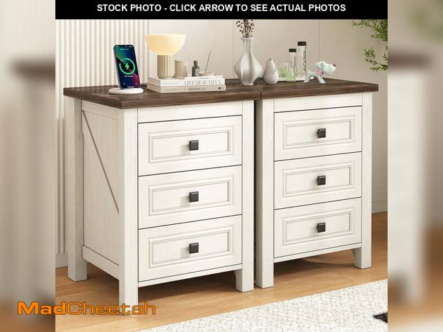 Lot 74-14086995 - Nightstand Set of 2, bedside table with charging station, White farmhouse 3 drawer nightstand Rustic...