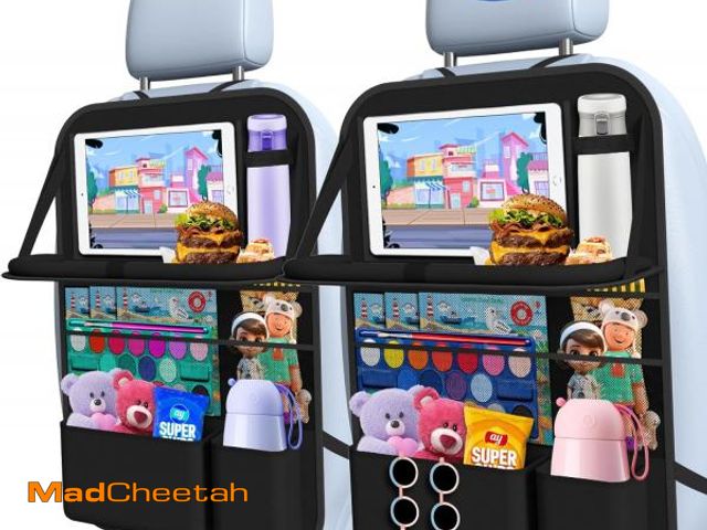 Lot 74-12330109 - Oneyus Car Backseat Organizer with Table Tray(2-Pack) 9 Storage Pockets Backseat Car Organizer and s...