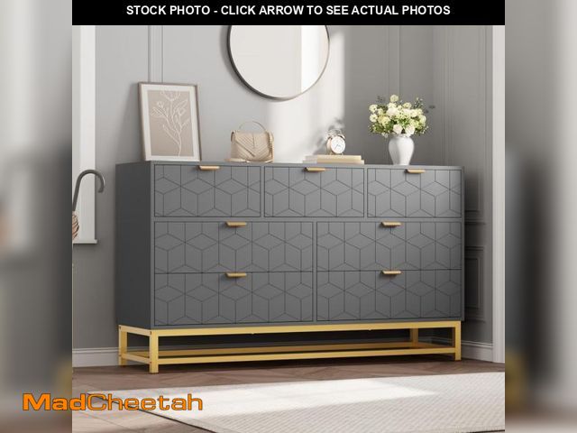 Lot 74-12205543 - Modern 7 Drawer Dresser, Wide Chest with Gold Metal Legs &amp; Handles, Wood Storage Organizer for B...
