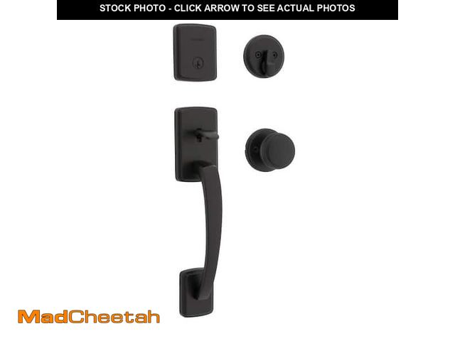 Lot 74-13774424 - Kwikset Brentford Matte Black Single Cylinder Door Handleset with Sora Door Knob Featuring Smart Key...