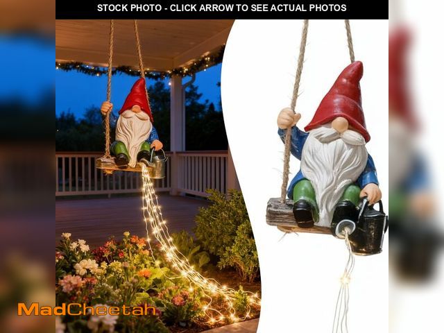 Lot 74-14063779 - QCF Watering Can Solar Lights Garden Gnomes Hanging Statues, Swing Gnome Cascading LED Decorations f...