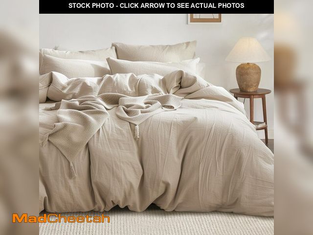 Lot 74-10956415 - Bedsure 100% Washed Cotton Duvet Cover Queen - Warm Sand Minimalist Duvet Cover Set Linen Like - 3 P...