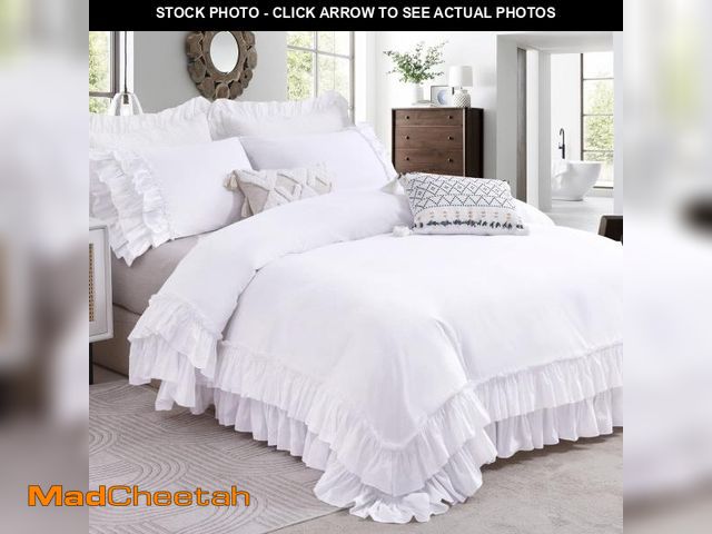 Lot 74-12441356 - QSH Ruffle White Duvet Cover King Size-Washed Cotton Shabby Farmhouse Chic Ruffled Bedding 3pcs(1 So...