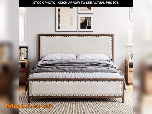 Lot 74-13636923 - Senfot Queen Size Metal Bed Frame, Upholstered Platform Bed with Linen Headboard and Footboard, Wood...