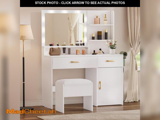 Lot 74-12362549 - YITAHOME Vanity Desk with Mirror, Makeup Vanity Set with Power Strip, 9 Dimmable Bulbs, Drawers, Cab...