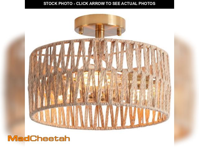 Lot 74-12216511 - Hchunqjor 3-Light Antique Gold Woven Flush Mount Light Fixture Rustic Coastal Hemp Rope Brass Semi F...