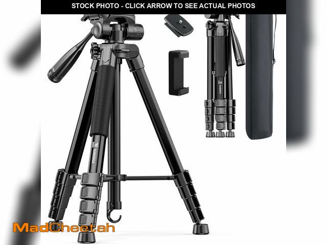 Lot 74-14264012 - 73" Camera Tripod for Camera and Phone, Aluminum Travel Tripod for iPhone, DSLR Tripod with Phone Ho...