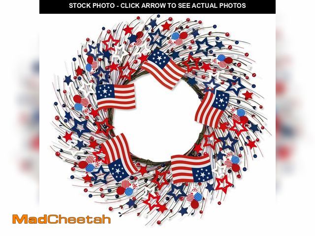 Lot 74-14263868 - 4th of July Independence Day Red White Blue Berry Wreath with Flag, ZOXILEN 20 inch American Flag St...