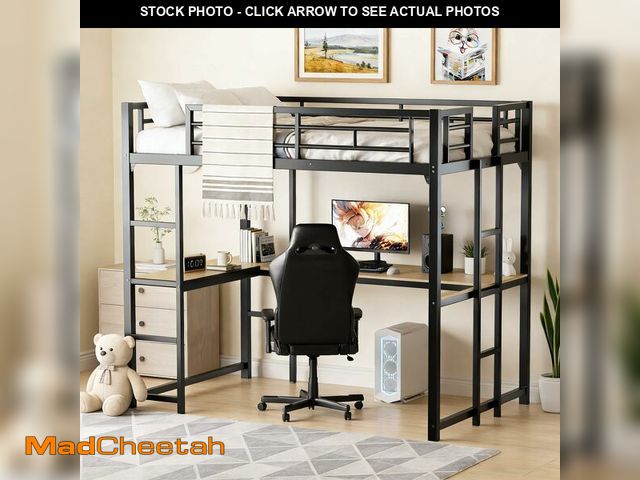 Lot 74-13410543 - KMBOHE Full Size Loft Bed with Desk and Shelves, Metal Loft Bed with Ladder and Guardrails, Loft Bed...