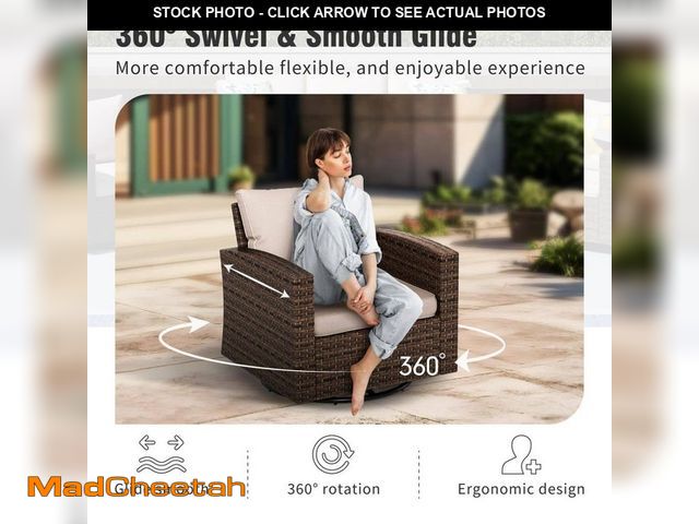 Lot 74-14349932 - Dark Brown Rattan Wicker Outdoor Patio Swivel Chair with Beige Cushions - UNUSED