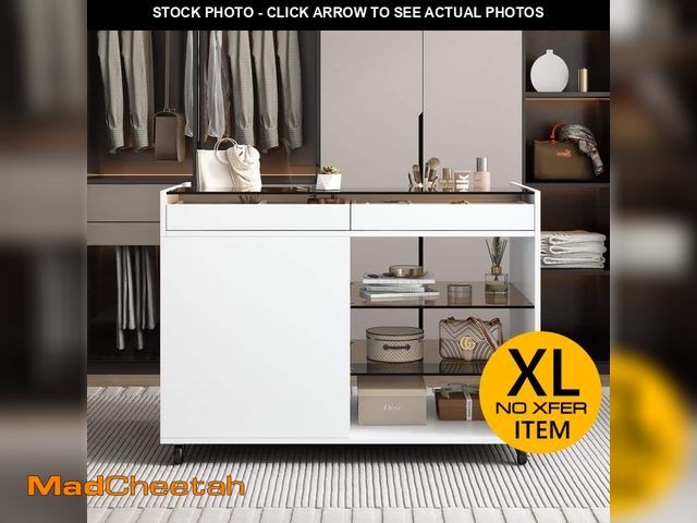 Lot 74-12645619 - JUJABU White Wood 43.3 in. Kitchen Island with 3 Side Storage Drawer and 2 Glass Display Shelves - U...