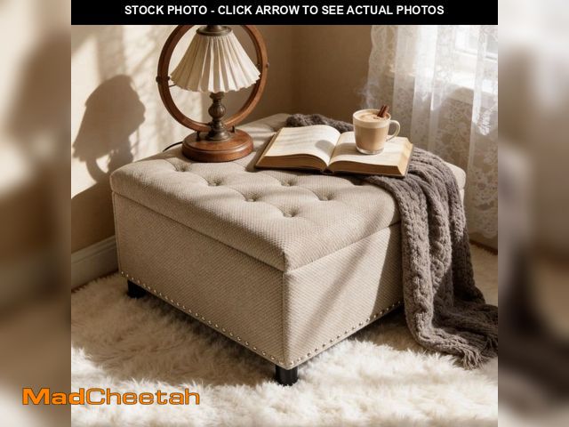 Lot 74-14292936 - Noble House Peyton Brown 30 in. Square Polyester Storage Ottoman, Nailhead Trim Ottoman, Tufted Foot...