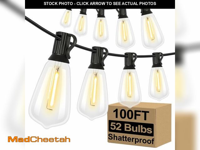 Lot 74-14295336 - Brightever LED Outdoor String Lights 100FT Patio Lights with 52 Shatterproof ST38 Vintage Edison Bul...