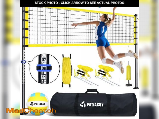 Lot 74-12480242 - Patiassy 32ft Outdoor Portable Volleyball Net Set System - Adjustable Height Steel Poles, PU Volleyb...