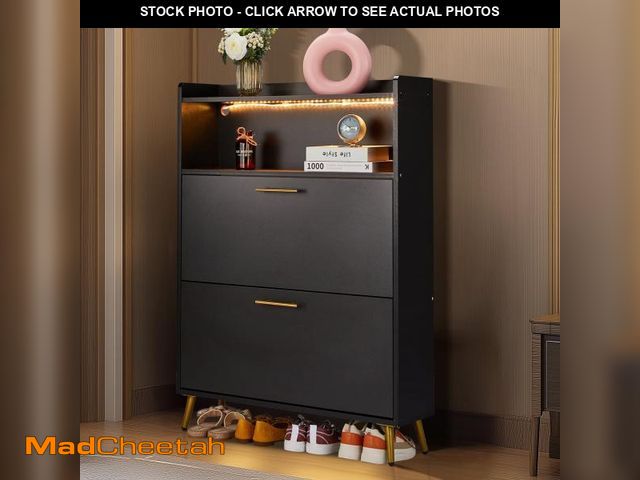 Lot 74-12487164 - Ktaxon Shoe Cabinet with 2 Flap Drawers and LED Lighting, 24 Pairs, for The Entrance Hallway, Black ...