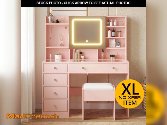 Lot 74-13282793 - Ktaxon Large 47.2" Makeup Vanity with 3 Color Lights, Dressing Table with USB Charging Station, Pink...