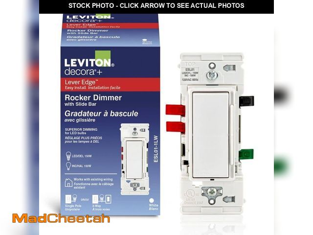 Lot 74-12777755 - Leviton Decora Lever Edge Rocker Slide Dimmer Switch for LED/INC Bulbs, 150 Watt, Single Pole or 3-W...