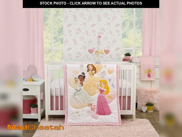 Lot 74-10227387 - Disney Make A Wish Multi Princess Pink and White Belle, Tiana, and Aurora 3 Piece Nursery Crib Beddi...