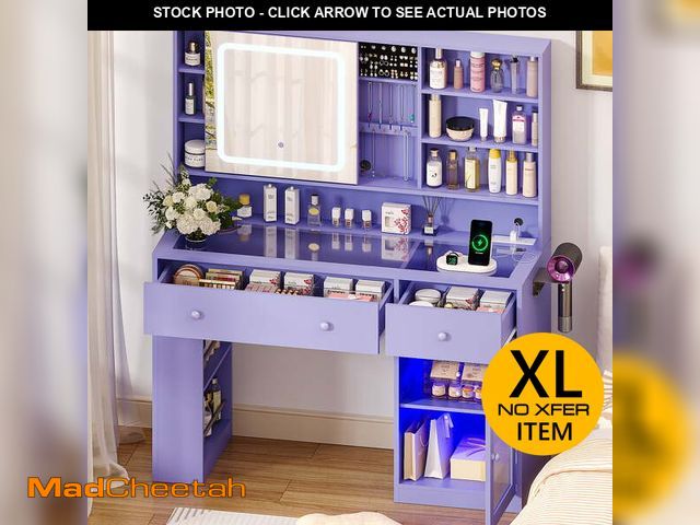Lot 74-12990894 - Ktaxon Makeup Vanity with Lighted Mirror,  Vanity Table Set w/ Charging Station, Side Rack, purple -...