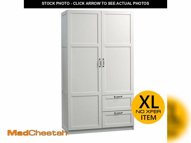 Lot 74-12690104 - Sauder Select Multipurpose Bedroom Armoire Wardrobe Closet Pantry Storage Cabinet with Storage Drawe...
