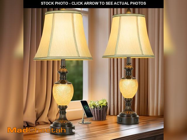 Lot 74-14205285 - 27'' High Vintage Table Lamp Set of 2 for Living Room Farmhouse Bedside Lamp with Fabric Shades Boho...