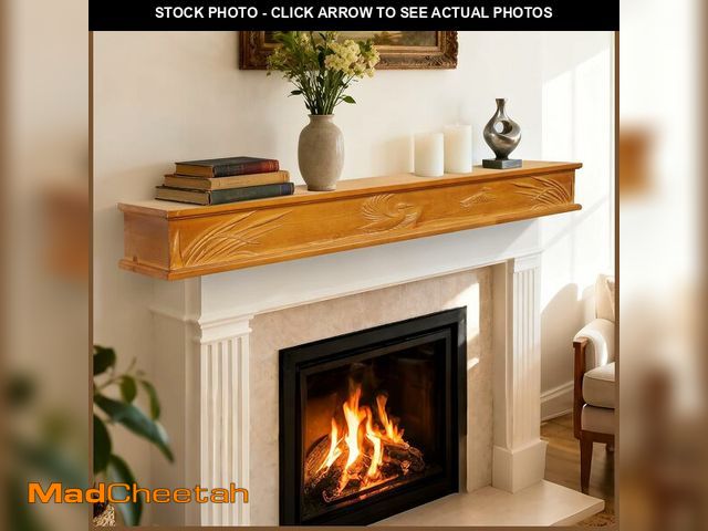 Lot 74-14364694 - G GOOD  Fireplace Mantel Shelf, 54 Inch Hand-Carved Rustic Wood Mantle, Ornate Farmhouse Wall Shelf ...