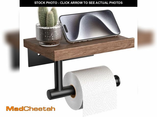 Lot 74-12717887 - Tindbea Toilet Paper Holder with Wood Shelf, Wooden Wall Mount Tissue Paper Roll Holder, Matte Black...