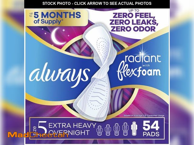 Lot 74-14144429 - Always Radiant Feminine Pads for Women, Flexfoam Pads with Wings, Size 5, Extra Heavy Overnight Abso...