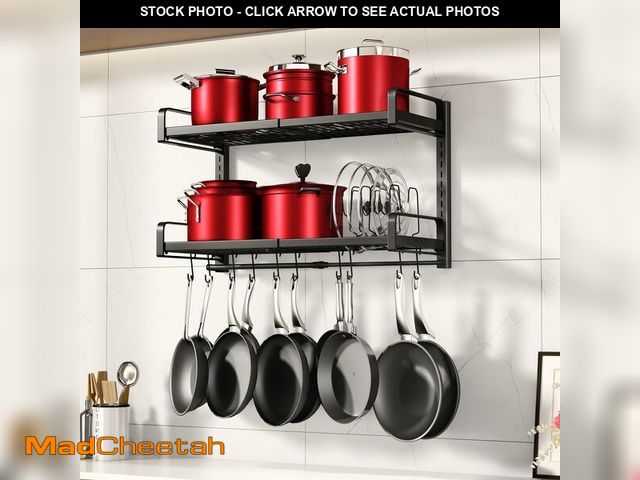 Lot 74-13946453 - 19"- 30" Expandable Hanging Pot Rack, 2 Tier Heavy Duty Wall Mounted Pots and Pans Organizer with 10...