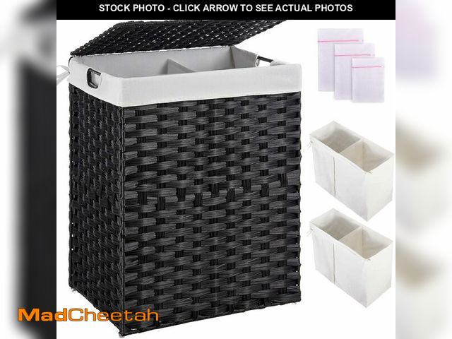 Lot 74-13835919 - Greenstell Laundry Hamper with 2 Removable Liner Bags, Foldable Divided Clothes Hamper, 90L Handwove...
