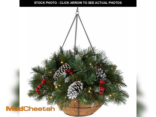 Lot 74-13041591 - National Tree Company Pre-Lit Artificial Hanging Basket, , Decorated With Frosted Pine Cones, Berry ...