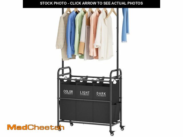 Lot 74-13548981 - Tajsoon Laundry Sorter Cart with Hanging Rack, Laundry Sorter 3 Section, Laundry Hamper with Heavy D...
