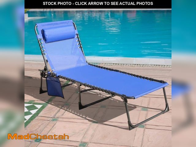 Lot 74-14345479 - VEIKOUS Outdoor Folding Chaise Lounge Chair Fully Flat for Beach with Pillow and Side Pocket, Blue -...