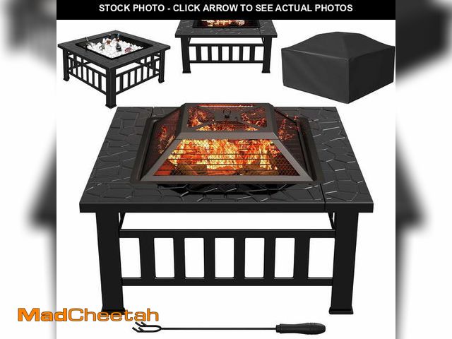 Lot 74-12890954 - Lacoo 32" Patio Square Fire Pit Table for Patio Backyard BBQ, Ice Storage with Mesh Lid, Poker and C...