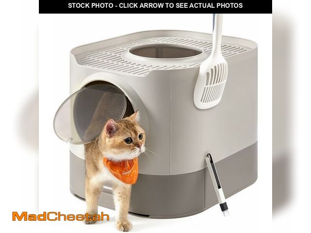 Lot 74-12695546 - Feandrea Cat Litter Box with Lid, XL Enclosed Litter Box with Slide-Out Tray, Scoop, Brush, Anti-Tra...