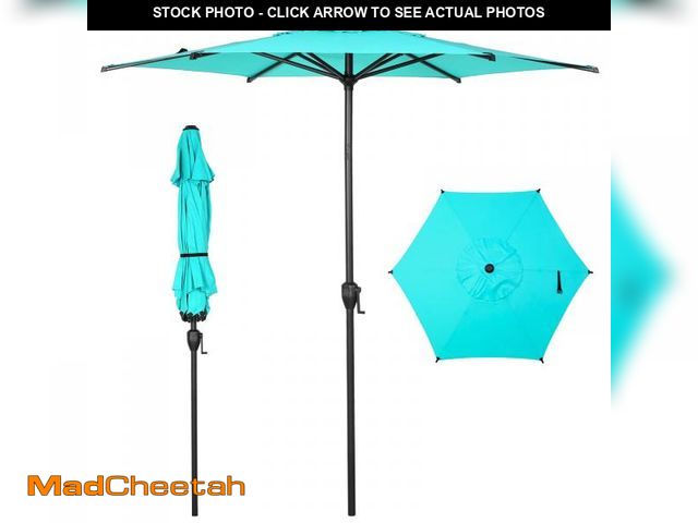 Lot 74-12512621 - Abba Patio 7.5ft Outdoor Patio Umbrella w/ Push Button Tilt and Crank, 6 Ribs, Light Blue - USED